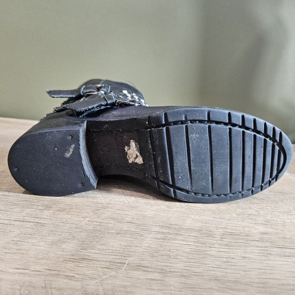 Women's Italian Leather Studded Moto Boots Black Buckle Ankle Booties Size 38 - Picture 9 of 12